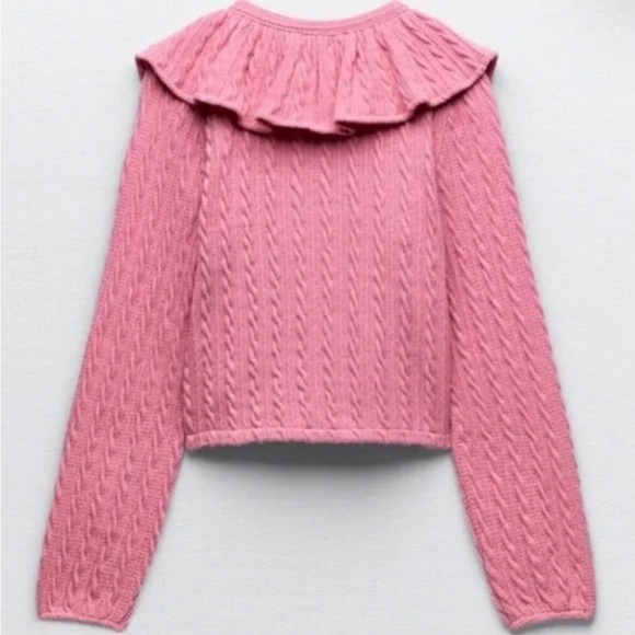 🆕ZARA BUBBLE GUM BARBIE PINK FLORAL CABLE-KNIT RUFFLED CROP CARDIGAN NWT SMALL - Picture 10 of 11